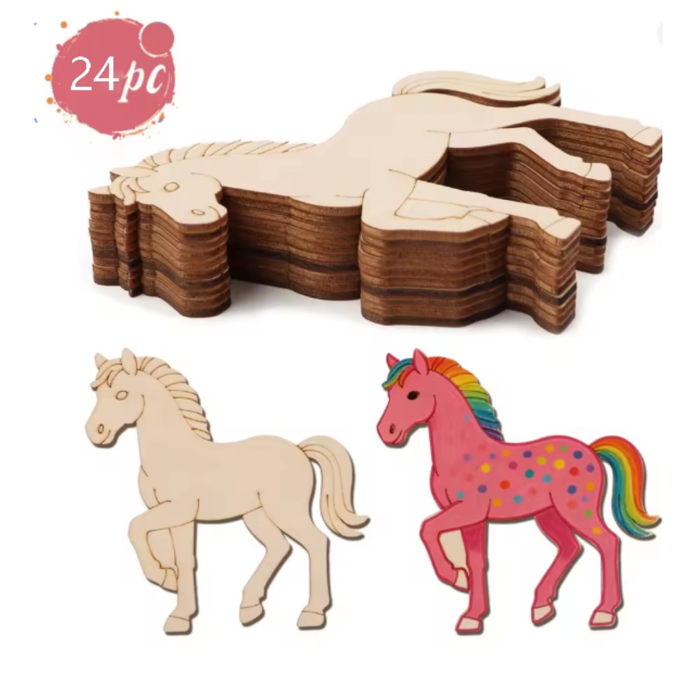 Art Craft Horse - 24 Stück Unfertige Pferde-Holzausschnitte, DIY-Malerei-Bastelrohlinge, Tierthemen-Holzformen