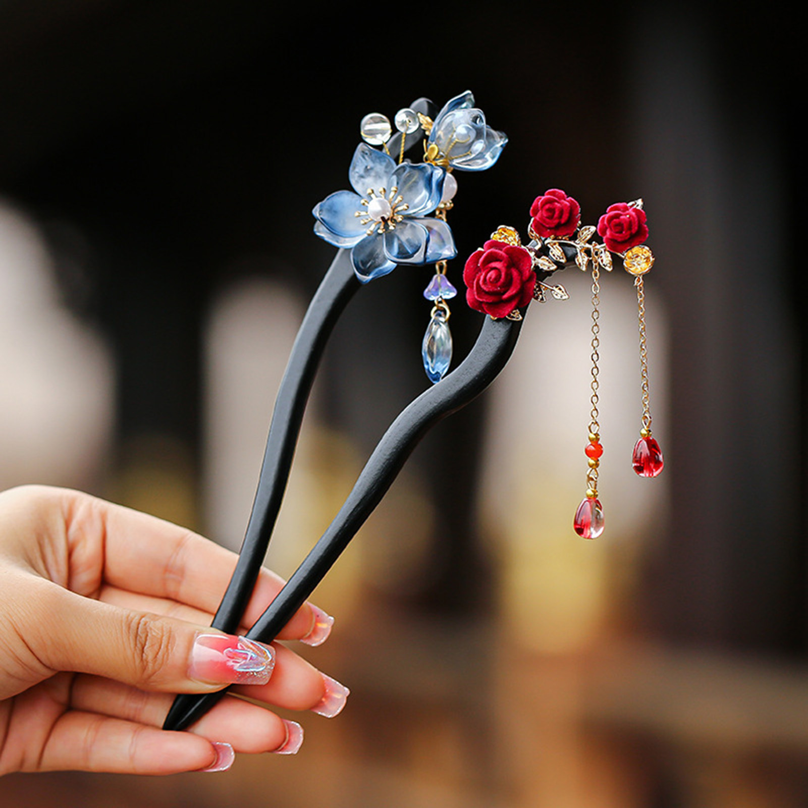 Art Craft Shop - Chinesischer Stil Blumen-Quasten-Haarnadel Vintage Holz-Blumen-Perlen-Haarstab Exquisite