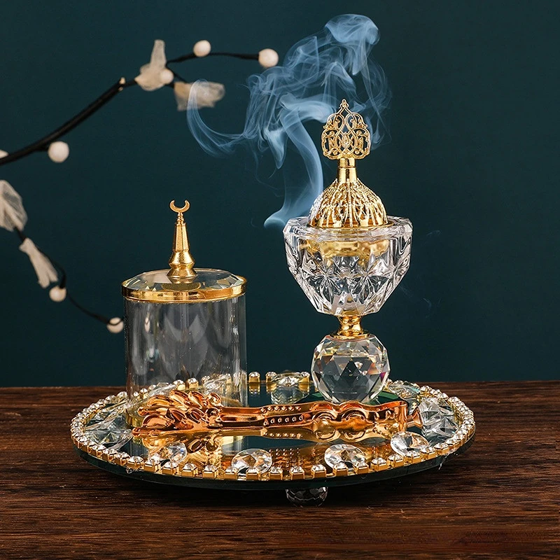 Art Craft Decoration Ideas - Rundes goldenes Kristall-Räuchergefäß-Set, arabische Heimdekoration aus